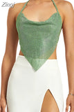 Sexy Women Sparkly Halter Tank Crop Tops Backless Chains Linked Sleeveless Rhinestones Glitter Mini Vest Club