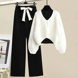 Winter 3 Piece Sets For Women Outfits Korean Casual Basic Top+hollow Out Knitted Sweater+drawstring Pant Sets Women