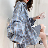 Korean Style Basic Plaid Blouses Women Oversized Harajuku Daily All-match Long Sleeve Chic Shirt Female Female