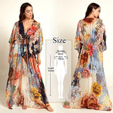 Multicolored Bohemian Floral Printed V-neck Chiffon Bats Sleeve Long Summer Beach Dress Women Beachwear Maxi Dresses