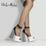 Onlymaker Women's Sandals Platform Peep Toe Chunky Square Heels Ankle Strap Sandals Black And White Stripes Party Fashion