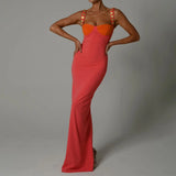 Patchwork Spaghetti Strap Maxi Dress For Women 2022 Summer Backless Sleeveless Split Elegant Bodycon Long