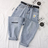 new letter embroidery jeans women's street retro wild oversized wide-leg pants lovers loose trend casual high-waist