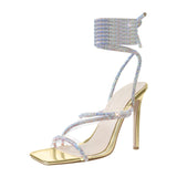 Onlymaker Women's Summer Crystal Lace-Up Stiletto High Heel Sandals Multicolor Square Toe Cross Strap PVC Bling