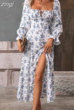 Print Dress Women Boho Elegant Lace Up Side Splits Dresses Ladies Casual Sexy Square Neck Long Sleeve Dress Beach