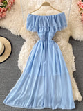 Chiffon Dress Women Sexy Slash Neck Ruffle Robe Elegant Ruffle High Waist Vestidos Female Beach Vacation