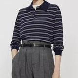 Summer New Temperament Thin Gentle And Comfortable Wash Wool Hit Striped Knitting Long-Sleeved Polo