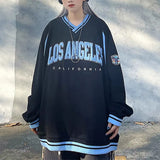 Punk Teens Losangeles Embroidered Hoodies V-neck Black White Sweatshirt High Quality Oversized Long Sleeve Autumn
