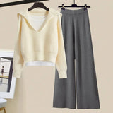 Winter Women Clothing Korean Casual Vest+knitted Sweaters+wide Leg Knitting Wide Leg Pants Sets Ladies Warm Knitwears