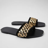 ZARZ Slippers Woman 2022 Flat Shoes Spring Summer New Sexy Fashion Golden Weave Square Toe Flat-Heeled Beach Sandals For