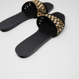 ZARZ Slippers Woman 2022 Flat Shoes Spring Summer New Sexy Fashion Golden Weave Square Toe Flat-Heeled Beach Sandals For