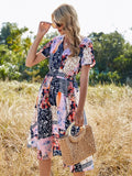 Printed Casual Beach Midi Dresses Women Summer V-neck Short Sleeve Empire Waist A-Line Dress Sundress Vestido Robes