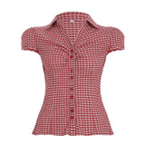 Cloth Forget British Wind Wood Ear V-Neck Check Shirt Temperament Waist Button Bubble Sleeve