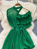 Women Sexy See Through Irregular Dress Elegant Female Ruffle Off Shoulder Slim High Waist Vestidos Green/White