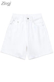 Women High Waist Wide Leg Denim Shorts Casual Female Solid Streetwear Knee-length Stright Jeans Bermuda Shorts 2023 New
