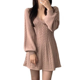 And Winter Vintage Linen Pattern V-Necked Waist Small Lantern Sleeve A Word Knitted Sweater Dress Women