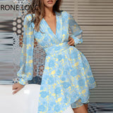 Women Chic All Over Print Deep V neck Lantern Sleeve Mini Sexy