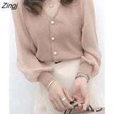 Women's Spring Autumn Style Chiffon Blouses Shirt Women's Knitted Button Long Sleeve Solid Color Lace Patchwork