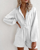 Queens Women Boho Bodysuits Solid Long Sleeve Pockets Loose Rompers Bohemian Polyester Sashes