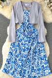 Women Two Piece Set Beach Vacation Long Sleeve Cardigans + Floral Spaghetti Strap Midi Dress Female Suit New