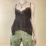 Fairy Grunge Aesthetics Heart Print Brown Cami Tops Y2K Goblincore Lace Trim Patchwork Irregular Hem Slip Top Retro