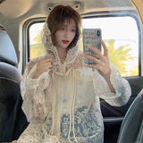Sunscreen Jacket Women Perspective Hollow Out Mesh Trench Outwear Zipper Coat Floral Embroidery Hoodies Loose