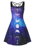 Women Moon Phase Galaxy Print Crossover Dress Casual Party A-Line Knee-Length Dresses Summer Robe