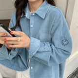 Loose Bf Women'S Fresh Simple Corduroy Shirt Smiley Embroidery Casual Solid Color Loose Blouses Tops Lady Clothes