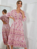 Queens Women Long Sleeve Front Button Ethnic Floral Print Beach Bohemian Maxi Sundress Ladies Cotton Boho Dress