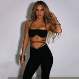 Summer Sexy Trouser Set Women White Halter Sleeveless Tank Top And Stretch Pants Sets Ladies Streetwear Slim