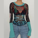 Women's Summer Y2K Vintage Sheer See-through Slim Tops Long Sleeve Round Neck Pattern Print Mesh Patchwork