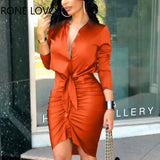 Women Lace-up Solid Color Long Sleeve Midi Dress Shirt Dress Elegant Fashion Party