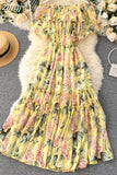 Floral Chiffon Midi Dress Women Sexy Slash Neck Ruffle Short Sleeve A-line Printed Vacation Beach Vestidos Robe