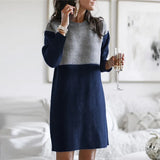 Autumn Winter Round Neck Vintage Patchwork Knitting Dress Women Loose Casual Straight Dresses Robe Femme Vestidos De