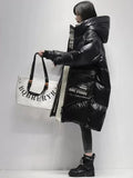 Black Long 90% White Duck down Jacket Women Streetwear New Fashion Loose Letter Windproof Parkas Hooded Down Coats