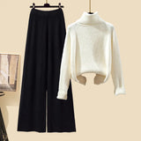 Winter Warm Knitwear Sets For Womens Elegant Turtleneck Sweater+long Knitted Jackets+wide Leg Knitting Pants Sets 2023