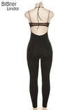 Sexy Mesh Sheer Hollow Jumpsuit Women Summer Sleeveless Backless Patchwork Overalls Lady One Piece Workout
