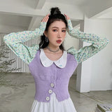 Puff Sleeve Peter Pan Collar Crop Blouse Floral Long Sleeve Korean Knitted Top High Fashion Designer Patchwork