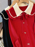 Winter Knitwears Sweater Dresses For Women Koeran Sweet Bow Peter Pan Collar Ruffles Patchwork Knitted Dress 4XL