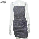 Strapless Skinny Shinny Club Dresses Women Sexy Backless Ruched Mini Party Vestidos Female Zip Sleeveless Dress