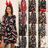 Autumn Spring New Sexy O Neck Long Sleeve Women's Mini Dress Fashion Casual Santa Claus Print Lady Dress 2020