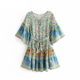 Queens Women Floral Print Tie Neck Bohemian Mini Dress Ladies Batwing Sleeve Beach Boho Dresses