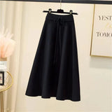 Knitted Midi Skirts Women High Waist Pleated A Line Skirt Korean Elegant Autumn Winter Lace Up Bandage Slim Casual