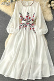 White/Beige Beading Embroidered Long Dress For Women Elegant O-Neck Puff Sleeve High Waist Elegant Party Robe New