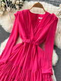 Vintage Rose Red Pleated Party Long Dress Elegant Deep V-Neck High Waist A-Line Draped Maxi Vestiods Female New
