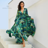 Leaf Printing Deep V-Neck Dress 2022 Spring/Autumn Women Beachwear Plus Size Half Sleeve Side Split Long Dresses