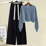 Winter Knitted Two Piece Set Women Casual Pullover Long Sleeve Knitting Sweater And Wide Leg Pants Sets For Women