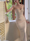 Women Spaghetti Strap Elegant Midi Satin Dresses Wedding Evening Birthday Holiday Backless Prom Clothes
