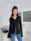 Spring 2022 Womens Fashion Black Flare Sleeve Collared Shirt Long Sleeve Tunic Top French Style Blouse Designer