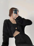 Autumn Fashion Casual Elastic One Button Short V-neck Knitted Sweater Plush CardiganTops high street Korean stytle